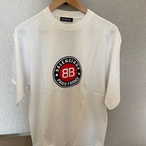 Balenciaga Men’s T-shirt with Red Logo - White Medium Short Sleeve Tee Fashion